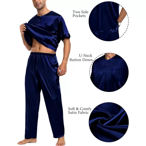 imageSWOMOG Men Satin Pajama Set Short Sleeve Pj Set 2 Pcs Loungewear Silk Sleepwear Half Button Down Long Pants with PocketsDeep Navy Blue