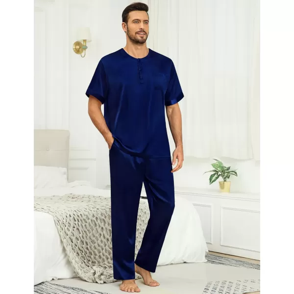 imageSWOMOG Men Satin Pajama Set Short Sleeve Pj Set 2 Pcs Loungewear Silk Sleepwear Half Button Down Long Pants with PocketsDeep Navy Blue