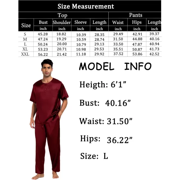 imageSWOMOG Men Satin Pajama Set Short Sleeve Pj Set 2 Pcs Loungewear Silk Sleepwear Half Button Down Long Pants with PocketsDeep Wine Red