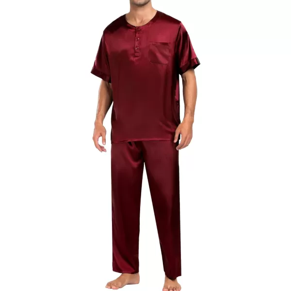 imageSWOMOG Men Satin Pajama Set Short Sleeve Pj Set 2 Pcs Loungewear Silk Sleepwear Half Button Down Long Pants with PocketsDeep Wine Red