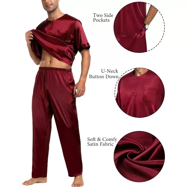 imageSWOMOG Men Satin Pajama Set Short Sleeve Pj Set 2 Pcs Loungewear Silk Sleepwear Half Button Down Long Pants with PocketsDeep Wine Red