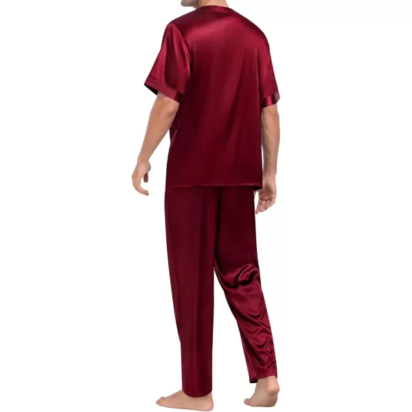 imageSWOMOG Men Satin Pajama Set Short Sleeve Pj Set 2 Pcs Loungewear Silk Sleepwear Half Button Down Long Pants with PocketsDeep Wine Red