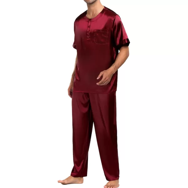 imageSWOMOG Men Satin Pajama Set Short Sleeve Pj Set 2 Pcs Loungewear Silk Sleepwear Half Button Down Long Pants with PocketsDeep Wine Red