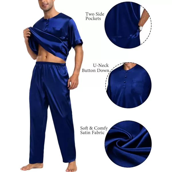 imageSWOMOG Men Satin Pajama Set Short Sleeve Pj Set 2 Pcs Loungewear Silk Sleepwear Half Button Down Long Pants with PocketsNavy Blue