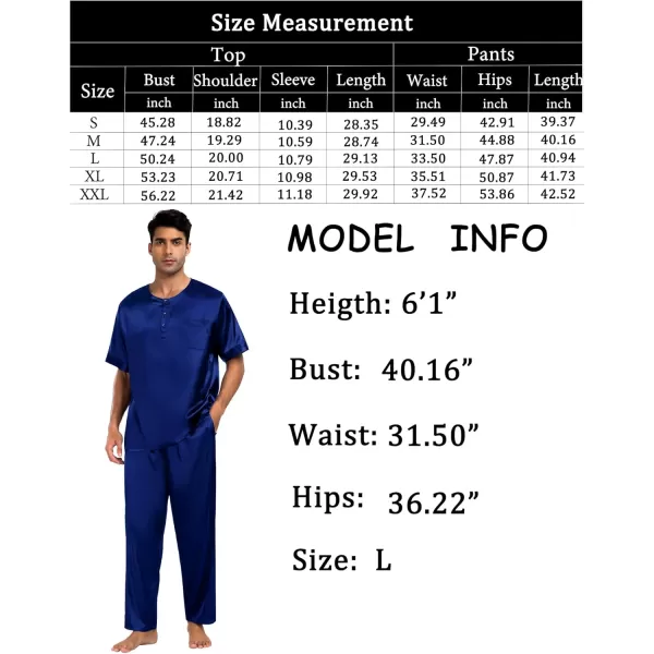 imageSWOMOG Men Satin Pajama Set Short Sleeve Pj Set 2 Pcs Loungewear Silk Sleepwear Half Button Down Long Pants with PocketsNavy Blue