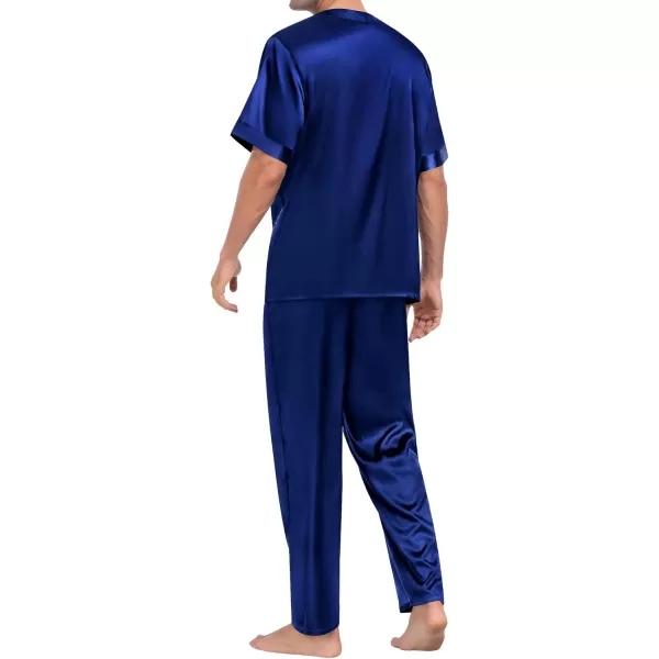 imageSWOMOG Men Satin Pajama Set Short Sleeve Pj Set 2 Pcs Loungewear Silk Sleepwear Half Button Down Long Pants with PocketsNavy Blue