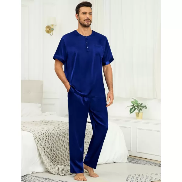 imageSWOMOG Men Satin Pajama Set Short Sleeve Pj Set 2 Pcs Loungewear Silk Sleepwear Half Button Down Long Pants with PocketsNavy Blue