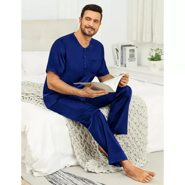 imageSWOMOG Men Satin Pajama Set Short Sleeve Pj Set 2 Pcs Loungewear Silk Sleepwear Half Button Down Long Pants with PocketsNavy Blue