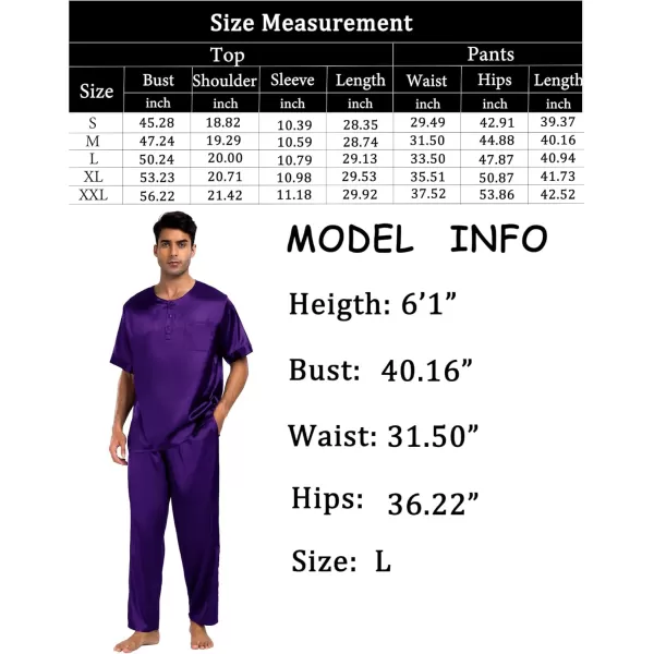 imageSWOMOG Men Satin Pajama Set Short Sleeve Pj Set 2 Pcs Loungewear Silk Sleepwear Half Button Down Long Pants with PocketsWine Berry