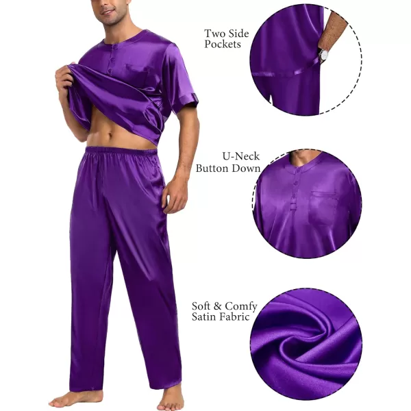 imageSWOMOG Men Satin Pajama Set Short Sleeve Pj Set 2 Pcs Loungewear Silk Sleepwear Half Button Down Long Pants with PocketsWine Berry