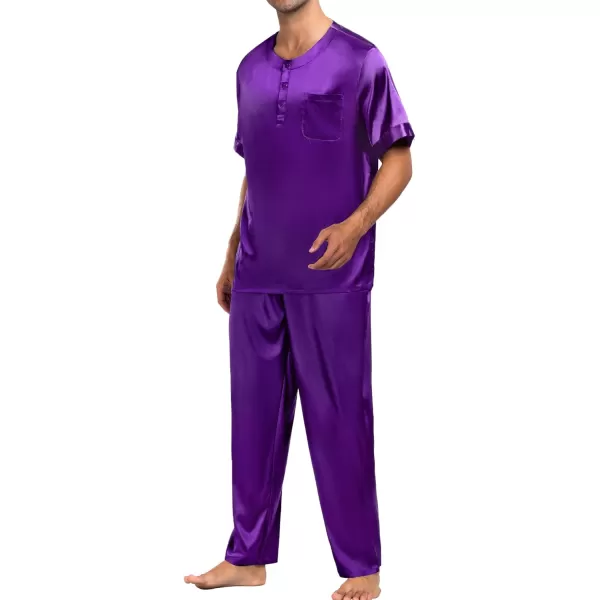 imageSWOMOG Men Satin Pajama Set Short Sleeve Pj Set 2 Pcs Loungewear Silk Sleepwear Half Button Down Long Pants with PocketsWine Berry