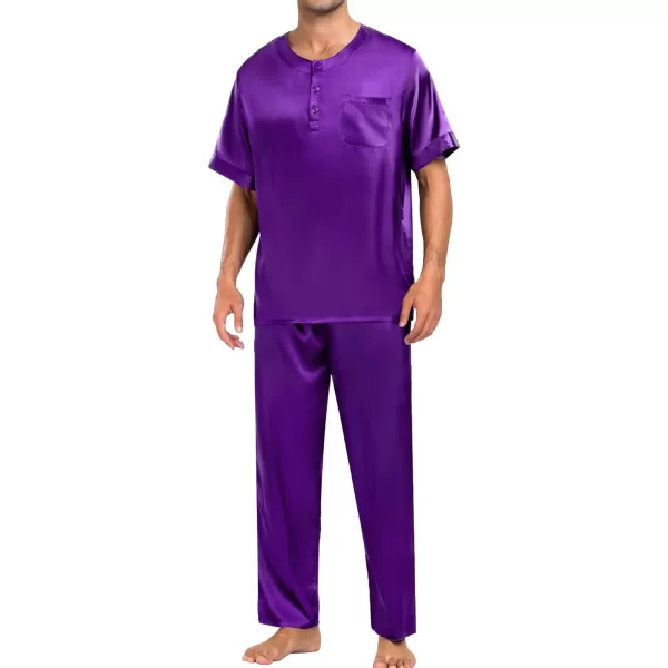 imageSWOMOG Men Satin Pajama Set Short Sleeve Pj Set 2 Pcs Loungewear Silk Sleepwear Half Button Down Long Pants with PocketsWine Berry