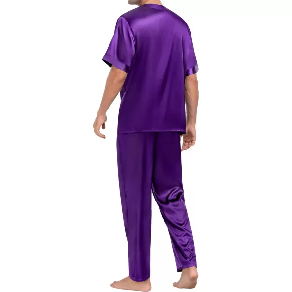 imageSWOMOG Men Satin Pajama Set Short Sleeve Pj Set 2 Pcs Loungewear Silk Sleepwear Half Button Down Long Pants with PocketsWine Berry