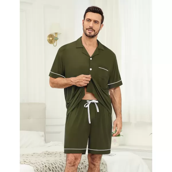 imageSWOMOG Mens Pajama Set Shorts Button Down Short Sleeve Sleepwear Soft Modal 2Pcs Pj Set with Pockets SXXLArmy Green