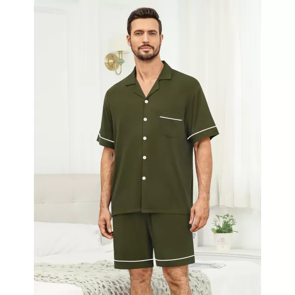 imageSWOMOG Mens Pajama Set Shorts Button Down Short Sleeve Sleepwear Soft Modal 2Pcs Pj Set with Pockets SXXLArmy Green