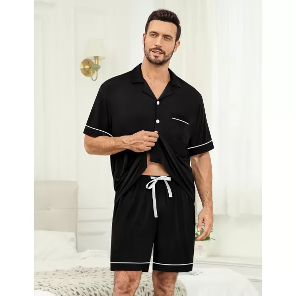 imageSWOMOG Mens Pajama Set Shorts Button Down Short Sleeve Sleepwear Soft Modal 2Pcs Pj Set with Pockets SXXLBlack