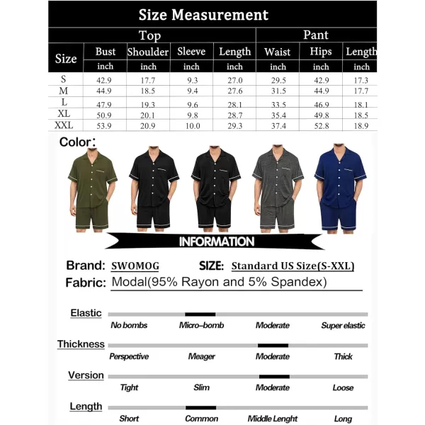 imageSWOMOG Mens Pajama Set Shorts Button Down Short Sleeve Sleepwear Soft Modal 2Pcs Pj Set with Pockets SXXLBlack Grey