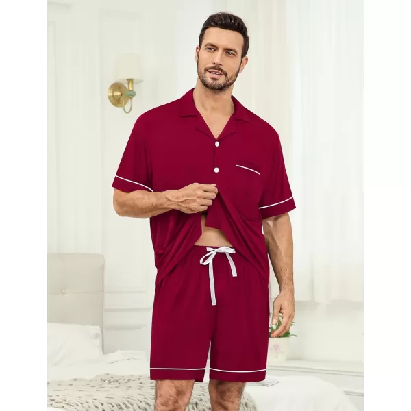 imageSWOMOG Mens Pajama Set Shorts Button Down Short Sleeve Sleepwear Soft Modal 2Pcs Pj Set with Pockets SXXLWine Red