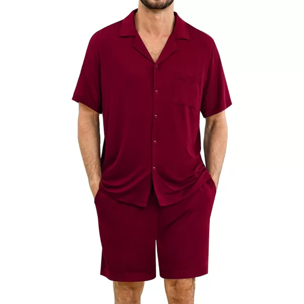 imageSWOMOG Mens Pajamas Set 2 PCS Short Sleeve Pajamas Button Doen Pjs Sets V Neck Casual Sleepwear Loungewear with PocketsWine Red