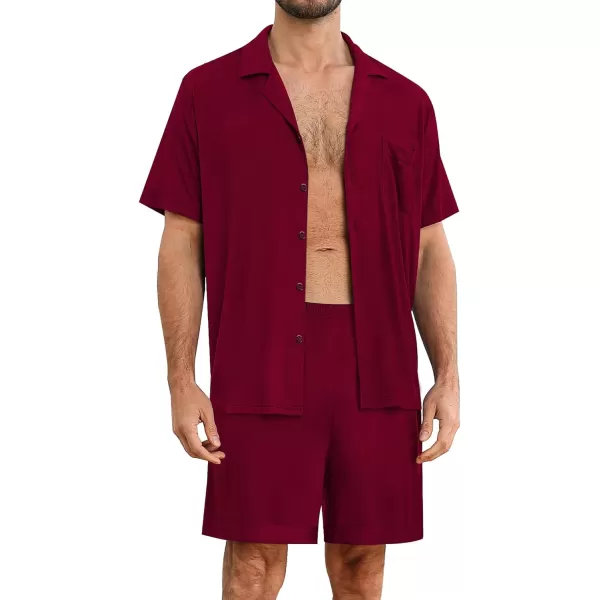 imageSWOMOG Mens Pajamas Set 2 PCS Short Sleeve Pajamas Button Doen Pjs Sets V Neck Casual Sleepwear Loungewear with PocketsWine Red
