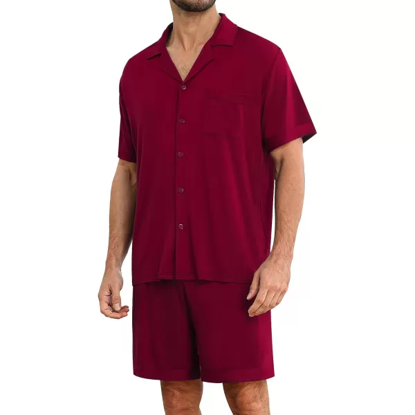 imageSWOMOG Mens Pajamas Set 2 PCS Short Sleeve Pajamas Button Doen Pjs Sets V Neck Casual Sleepwear Loungewear with PocketsWine Red