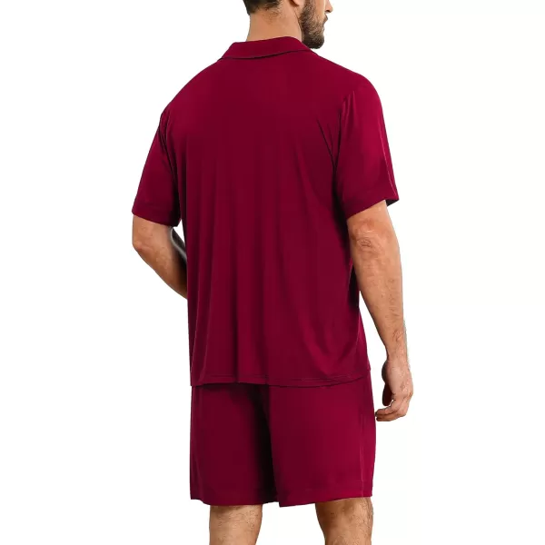 imageSWOMOG Mens Pajamas Set 2 PCS Short Sleeve Pajamas Button Doen Pjs Sets V Neck Casual Sleepwear Loungewear with PocketsWine Red