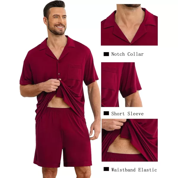 imageSWOMOG Mens Pajamas Set 2 PCS Short Sleeve Pajamas Button Doen Pjs Sets V Neck Casual Sleepwear Loungewear with PocketsWine Red