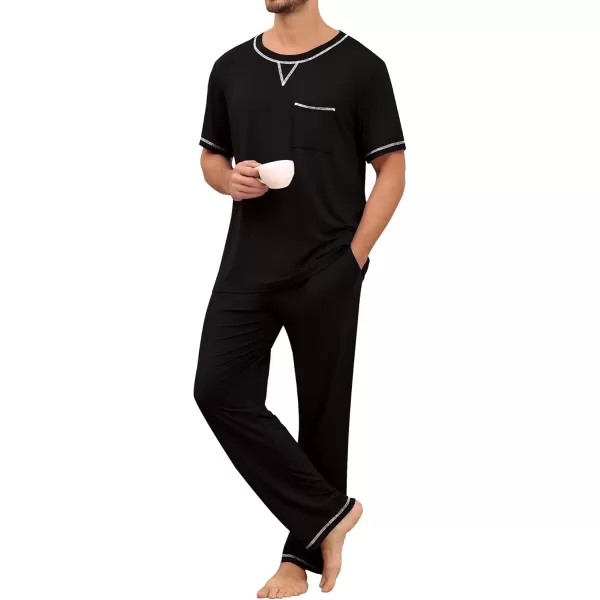 imageSWOMOG Mens Pajamas Set Modal Short Sleeve Sleepwear Crew Neck Pjs 2 Piece Loungewear Nightshirt Top ampamp Pants with PocketsBlack