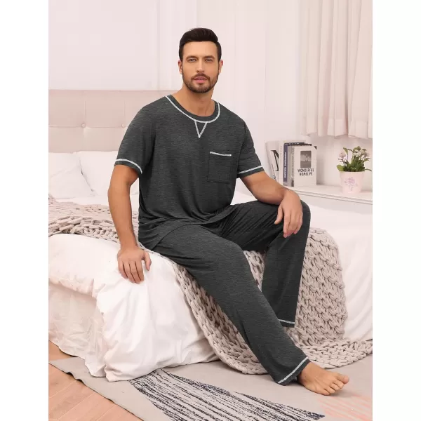 imageSWOMOG Mens Pajamas Set Modal Short Sleeve Sleepwear Crew Neck Pjs 2 Piece Loungewear Nightshirt Top ampamp Pants with PocketsDeep Grey