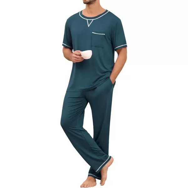 imageSWOMOG Mens Pajamas Set Modal Short Sleeve Sleepwear Crew Neck Pjs 2 Piece Loungewear Nightshirt Top ampamp Pants with PocketsDeep Navy Blue