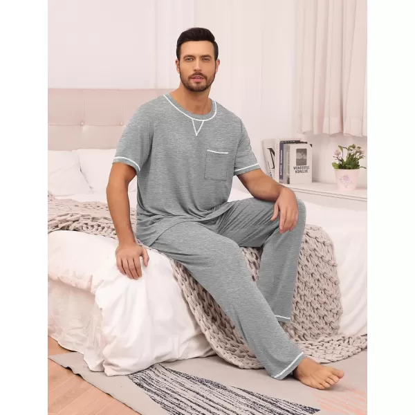 imageSWOMOG Mens Pajamas Set Modal Short Sleeve Sleepwear Crew Neck Pjs 2 Piece Loungewear Nightshirt Top ampamp Pants with PocketsGrey