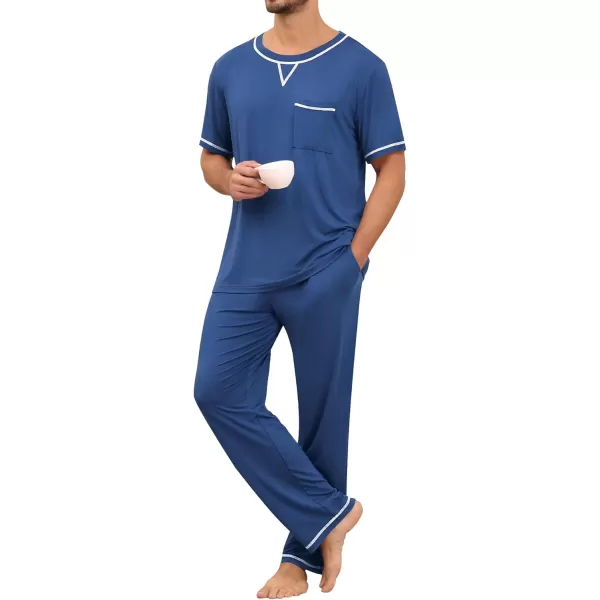 imageSWOMOG Mens Pajamas Set Modal Short Sleeve Sleepwear Crew Neck Pjs 2 Piece Loungewear Nightshirt Top ampamp Pants with PocketsNavy