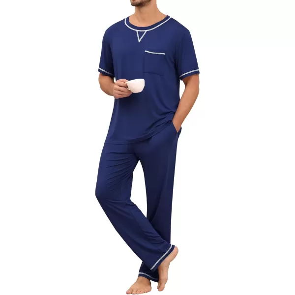 imageSWOMOG Mens Pajamas Set Modal Short Sleeve Sleepwear Crew Neck Pjs 2 Piece Loungewear Nightshirt Top ampamp Pants with PocketsNavy Blue