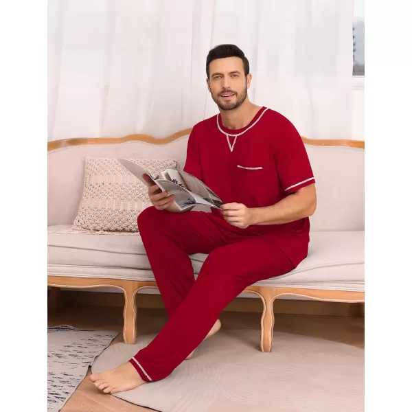 imageSWOMOG Mens Pajamas Set Modal Short Sleeve Sleepwear Crew Neck Pjs 2 Piece Loungewear Nightshirt Top ampamp Pants with PocketsWine Red