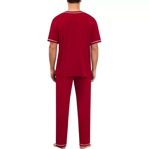 imageSWOMOG Mens Pajamas Set Modal Short Sleeve Sleepwear Crew Neck Pjs 2 Piece Loungewear Nightshirt Top ampamp Pants with PocketsWine Red