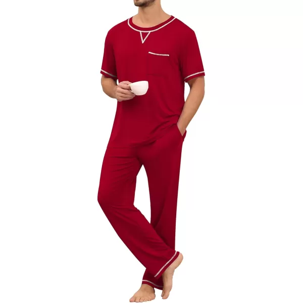 imageSWOMOG Mens Pajamas Set Modal Short Sleeve Sleepwear Crew Neck Pjs 2 Piece Loungewear Nightshirt Top ampamp Pants with PocketsWine Red