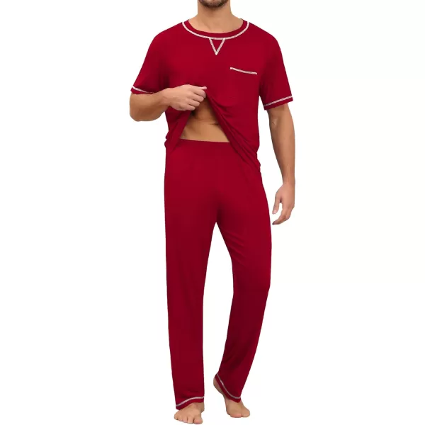 imageSWOMOG Mens Pajamas Set Modal Short Sleeve Sleepwear Crew Neck Pjs 2 Piece Loungewear Nightshirt Top ampamp Pants with PocketsWine Red