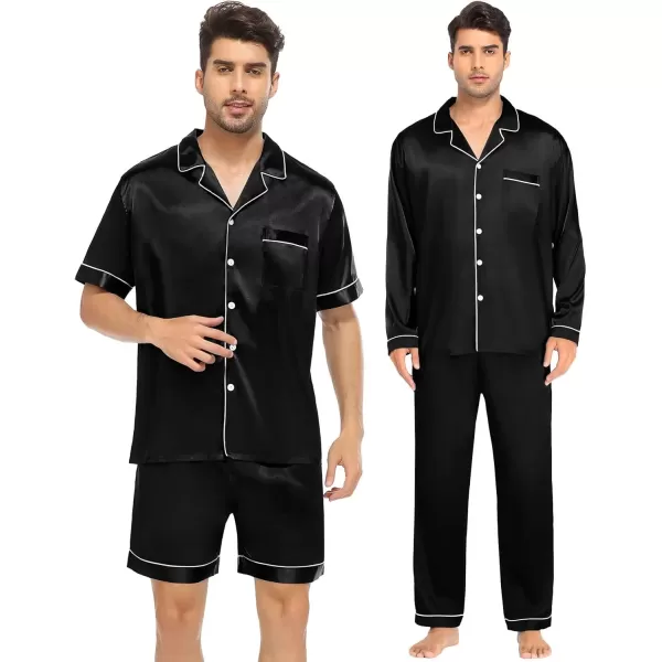 imageSWOMOG Mens Satin Silk Pajamas Set 3pcs Short Sleeve Sleepwear Silky Button Down Pjs Sets Classic Loungewear NightwearBlack