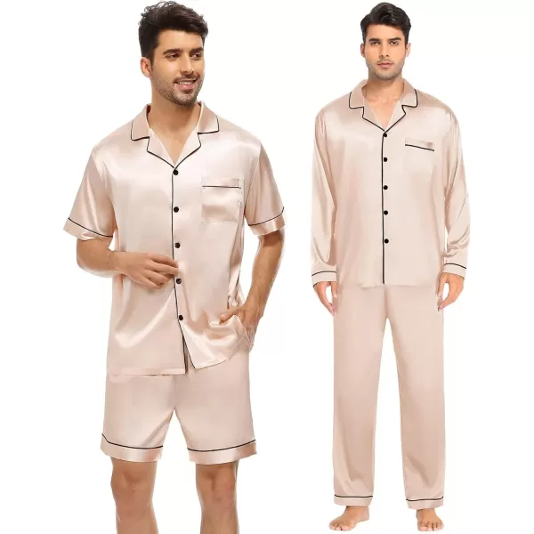 imageSWOMOG Mens Satin Silk Pajamas Set 3pcs Short Sleeve Sleepwear Silky Button Down Pjs Sets Classic Loungewear NightwearChampagne