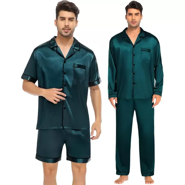 imageSWOMOG Mens Satin Silk Pajamas Set 3pcs Short Sleeve Sleepwear Silky Button Down Pjs Sets Classic Loungewear NightwearDark Green