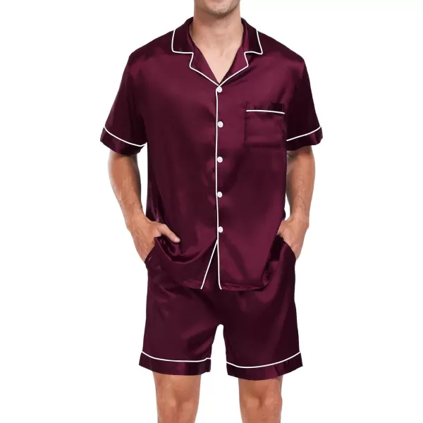 imageSWOMOG Mens Satin Silk Pajamas Set 3pcs Short Sleeve Sleepwear Silky Button Down Pjs Sets Classic Loungewear NightwearDark Wine Red