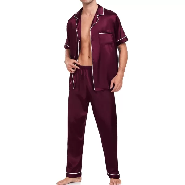 imageSWOMOG Mens Satin Silk Pajamas Set 3pcs Short Sleeve Sleepwear Silky Button Down Pjs Sets Classic Loungewear NightwearDark Wine Red