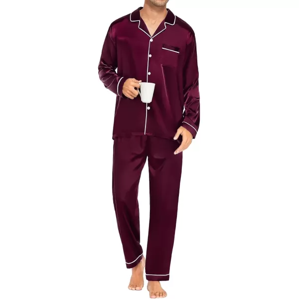 imageSWOMOG Mens Satin Silk Pajamas Set 3pcs Short Sleeve Sleepwear Silky Button Down Pjs Sets Classic Loungewear NightwearDark Wine Red