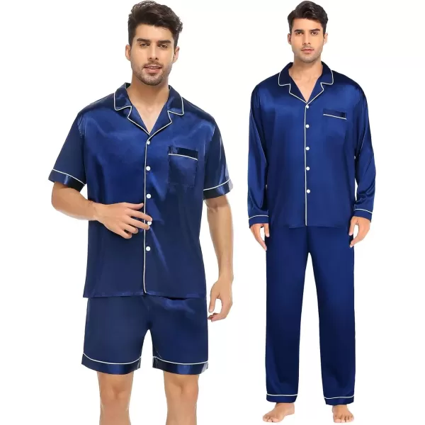 imageSWOMOG Mens Satin Silk Pajamas Set 3pcs Short Sleeve Sleepwear Silky Button Down Pjs Sets Classic Loungewear NightwearNavy Blue