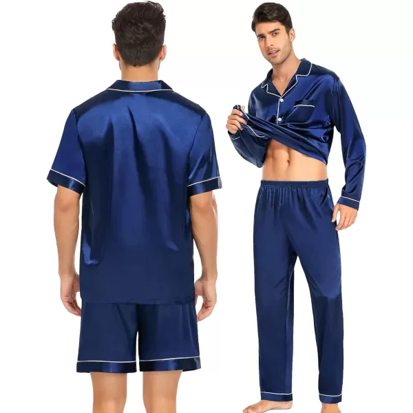 imageSWOMOG Mens Satin Silk Pajamas Set 3pcs Short Sleeve Sleepwear Silky Button Down Pjs Sets Classic Loungewear NightwearNavy Blue