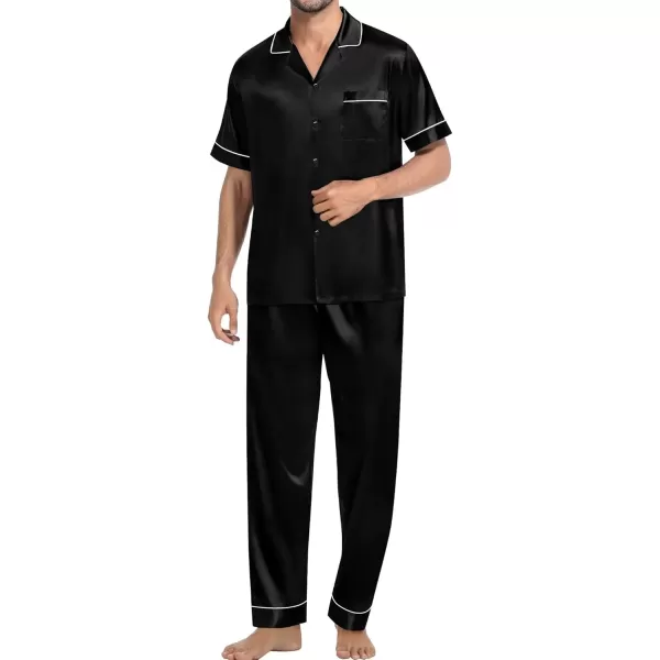 imageSWOMOG Mens Satin Silk Pajamas Set 3pcs Short Sleeve Sleepwear Silky Button Down Pjs Sets Classic Loungewear NightwearPiping Style Twoblack