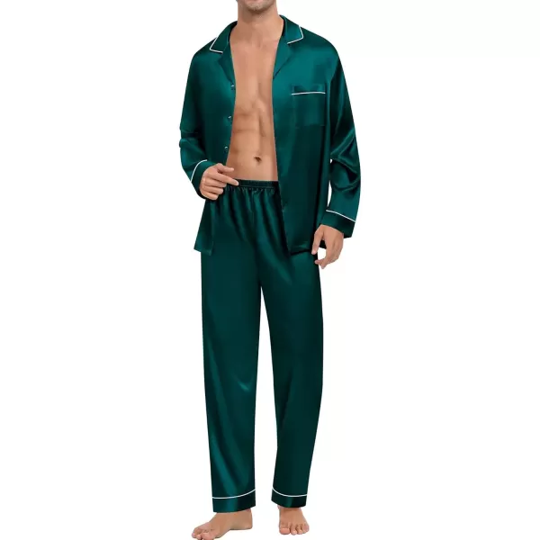 imageSWOMOG Mens Satin Silk Pajamas Set 3pcs Short Sleeve Sleepwear Silky Button Down Pjs Sets Classic Loungewear NightwearPiping Style Twodeep Green