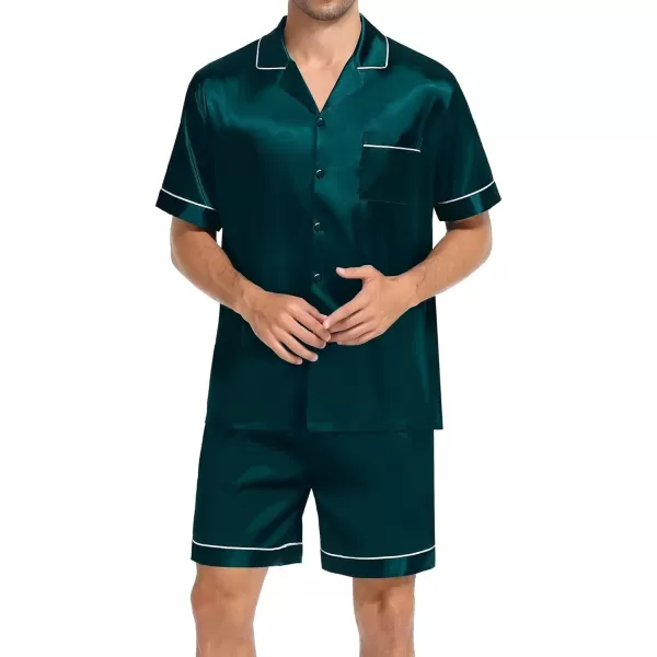 imageSWOMOG Mens Satin Silk Pajamas Set 3pcs Short Sleeve Sleepwear Silky Button Down Pjs Sets Classic Loungewear NightwearPiping Style Twodeep Green