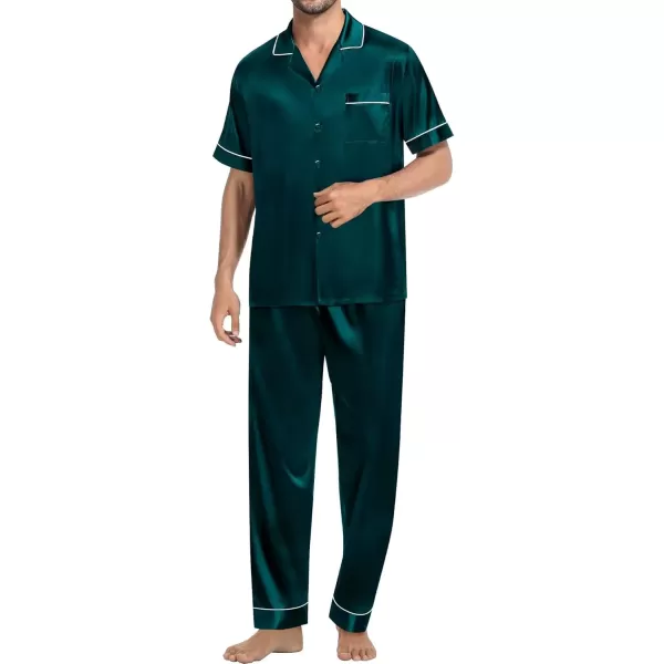 imageSWOMOG Mens Satin Silk Pajamas Set 3pcs Short Sleeve Sleepwear Silky Button Down Pjs Sets Classic Loungewear NightwearPiping Style Twodeep Green