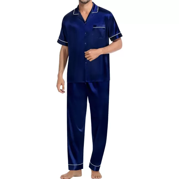 imageSWOMOG Mens Satin Silk Pajamas Set 3pcs Short Sleeve Sleepwear Silky Button Down Pjs Sets Classic Loungewear NightwearPiping Style Twodeep Navy Blue